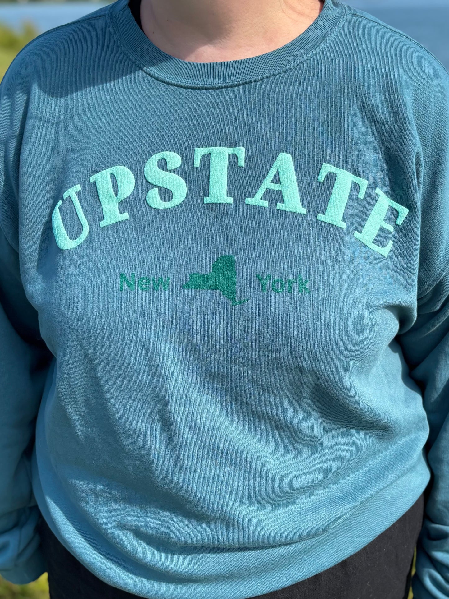 Upstate New York Teal Puff Print Crewneck – Dyed Ringspun Fleece