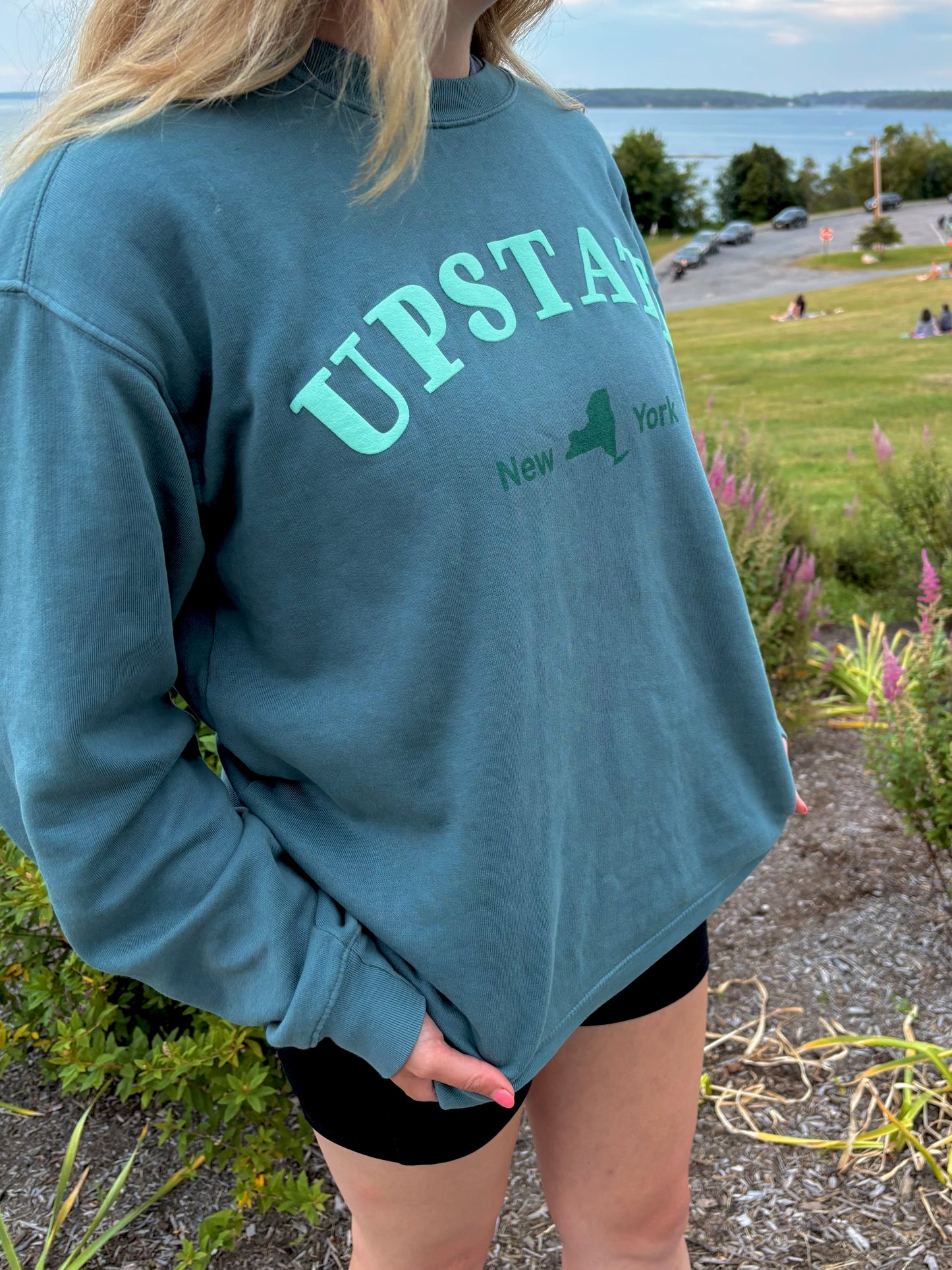 Upstate New York Teal Puff Print Crewneck – Dyed Ringspun Fleece