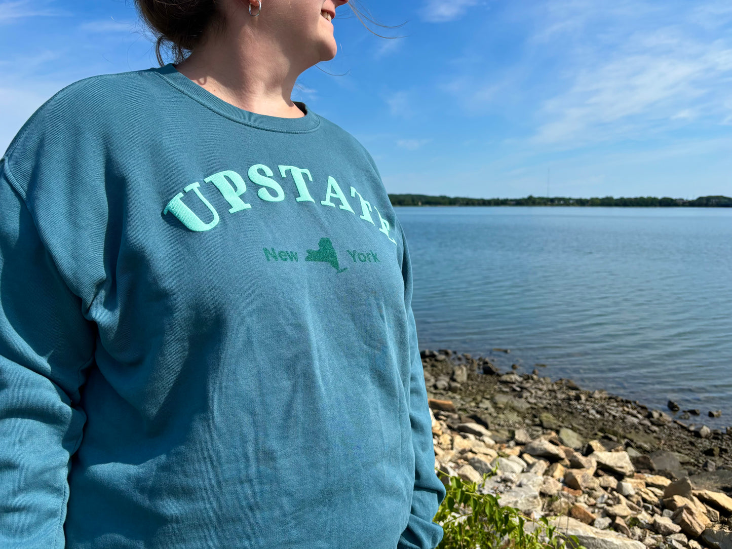 Upstate New York Teal Puff Print Crewneck – Dyed Ringspun Fleece