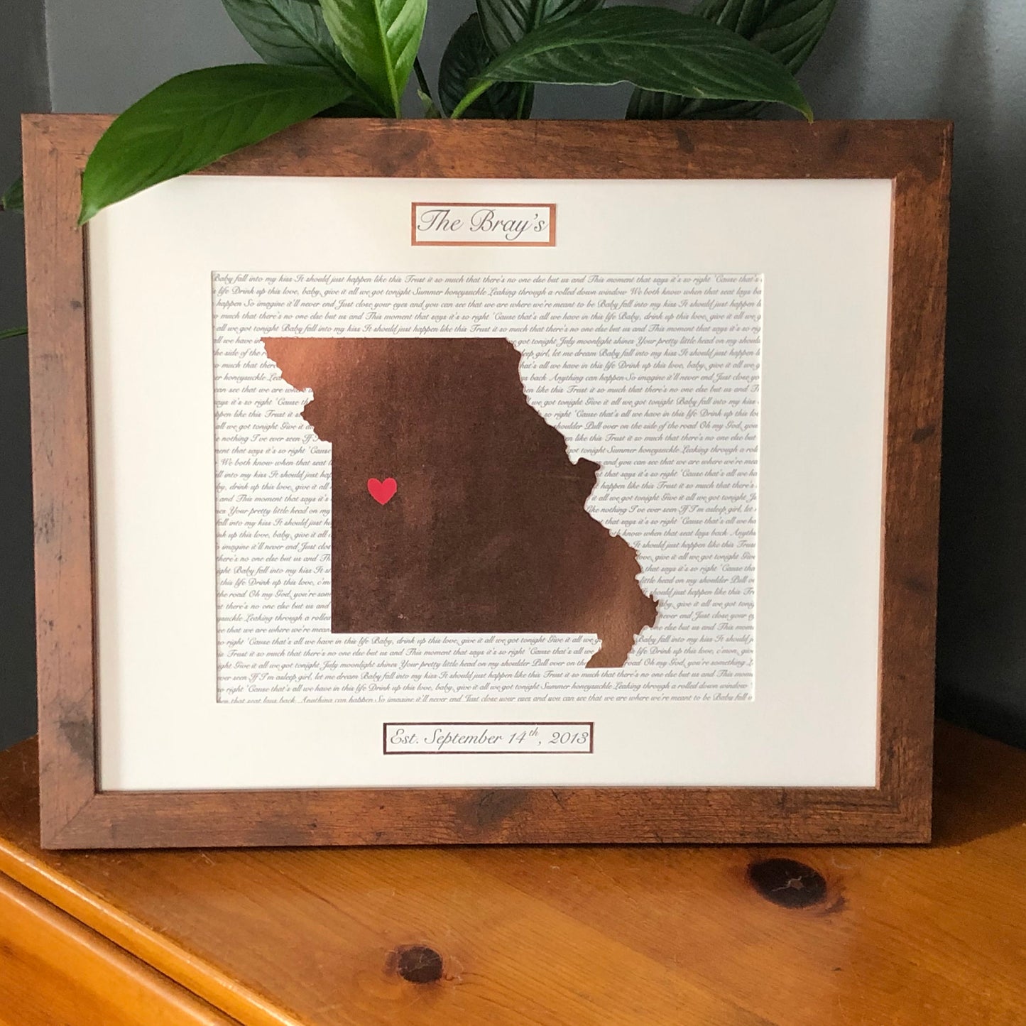 Seventh Year Wedding Anniversary Present, Personalized Copper Anniversary Gift, Year Seven Anniversary, State Outline, Wedding Song Lyrics