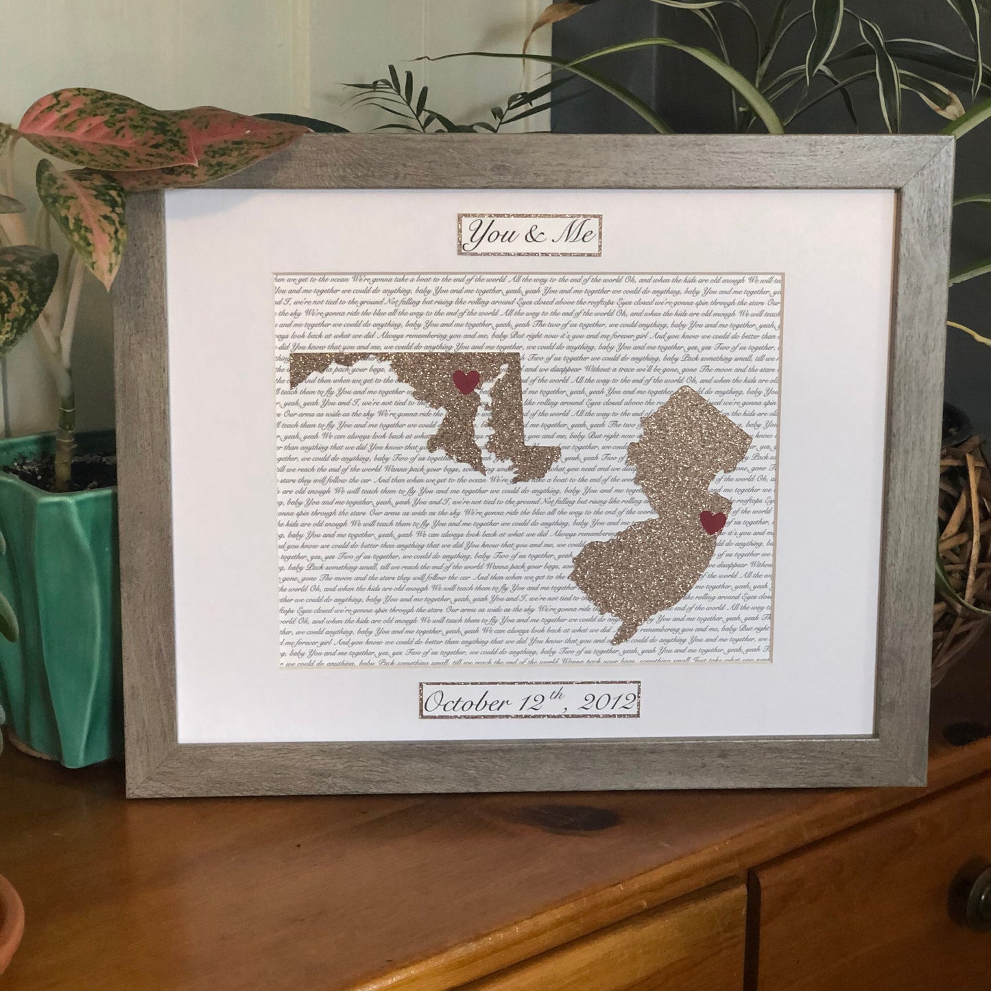Long Distance Wedding Anniversary Present, Personalized Anniversary Gift, Anniversary, State Outline, Wedding Song Lyrics Framed