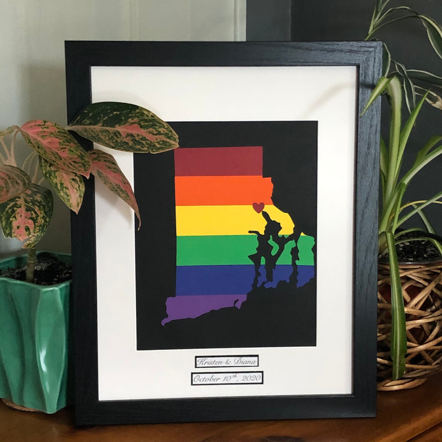 Custom Rainbow Pride Wedding or Anniversary Present - Personalized State Heart Wall Hanging