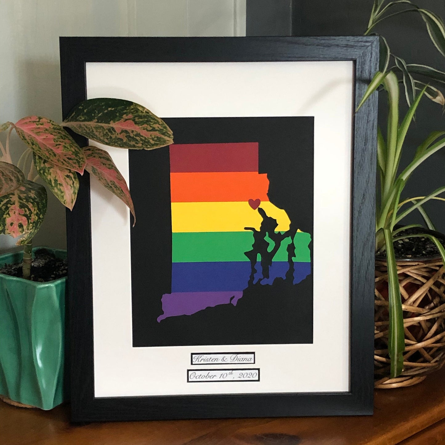 Custom Rainbow Pride Wedding or Anniversary Present - Personalized State Heart Wall Hanging