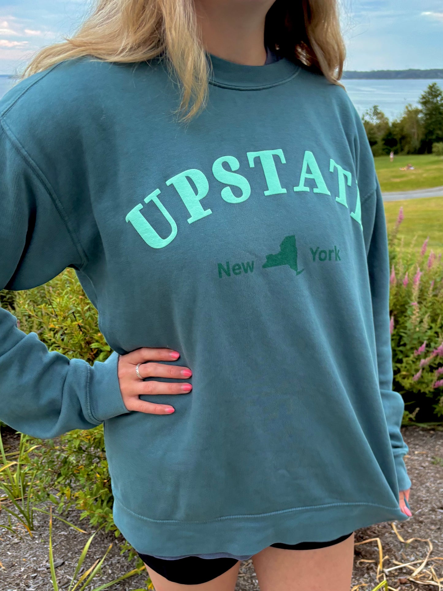 Upstate New York Teal Puff Print Crewneck – Dyed Ringspun Fleece