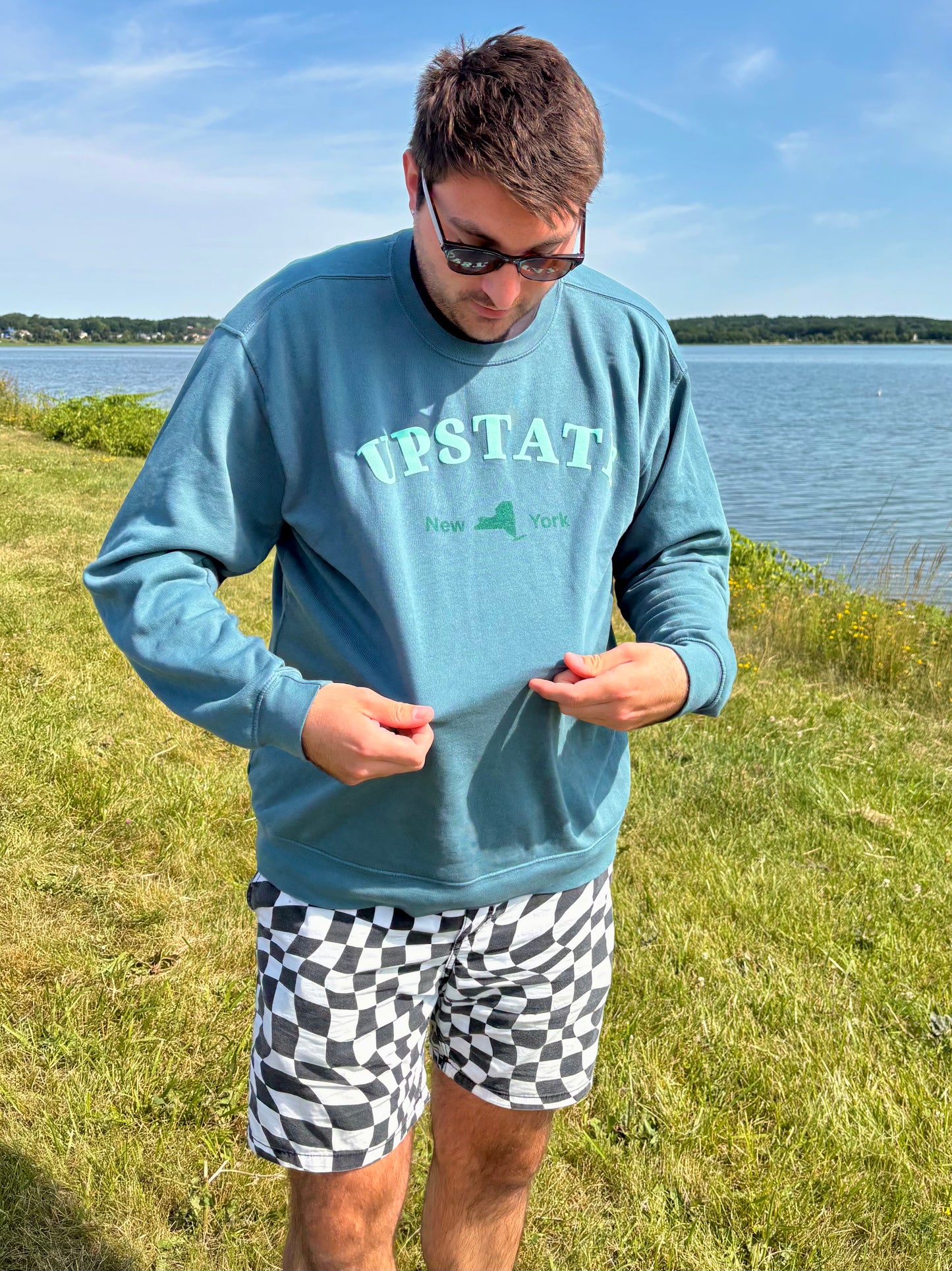 Upstate New York Teal Puff Print Crewneck – Dyed Ringspun Fleece