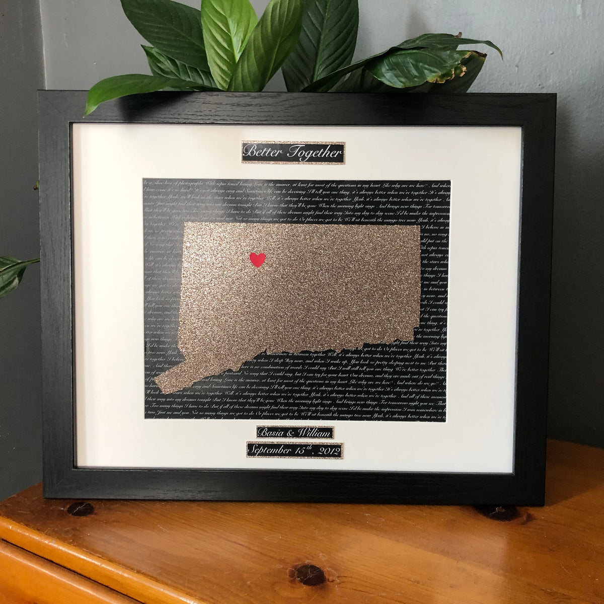 Personalized Bronze 8th Anniversary Gift, State Outline, Wedding Song, Framed