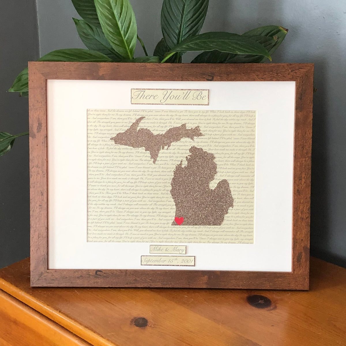 Personalized Bronze Anniversary Gift, State Outline, Wedding Song, Framed