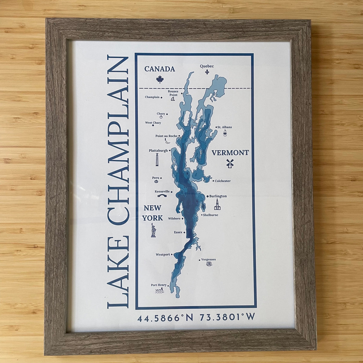 Lake Champlain Map Print: Framed Wall Hanging, North Country Gift