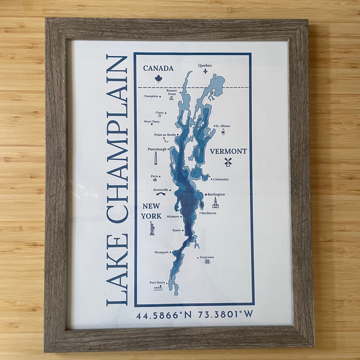 Lake Champlain Map Print: Framed Wall Hanging, North Country Gift