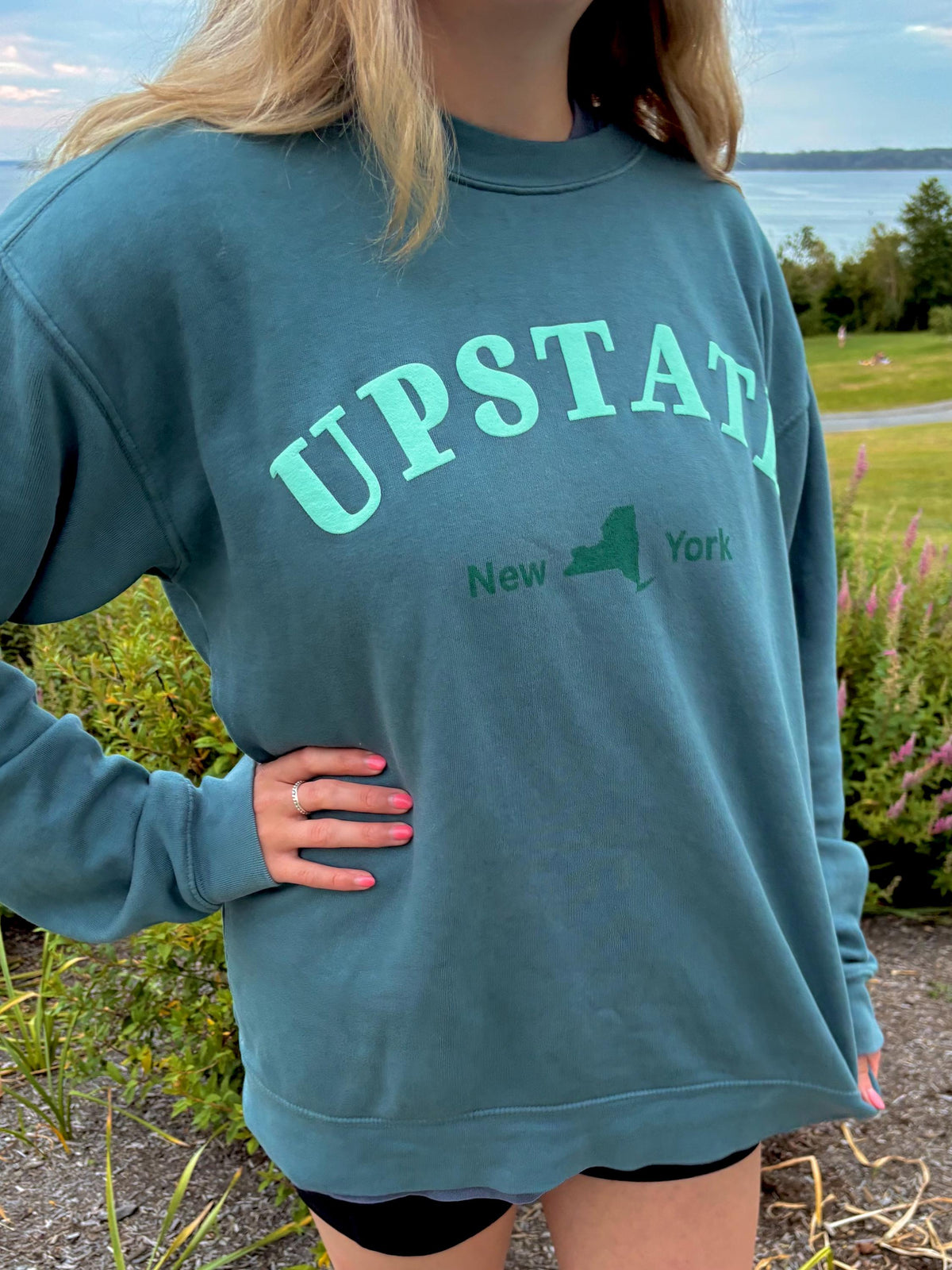 Upstate New York Teal Puff Print Crewneck – Dyed Ringspun Fleece