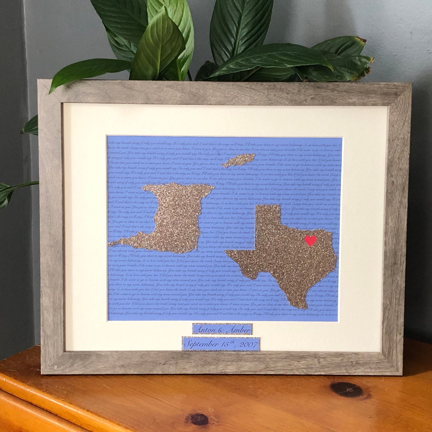 Long Distance Wedding Anniversary Present, Personalized Anniversary Gift, Anniversary, State Outline, Wedding Song Lyrics Framed