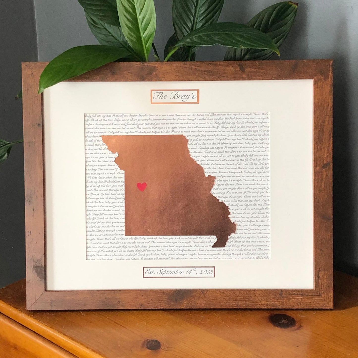 Custom Traditional 7th Wedding or Anniversary Present, Copper- Personalized Lyrics and State Wall Hanging | Husband or Wife | Anniversary
