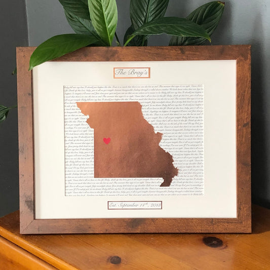 Custom Traditional 7th Wedding or Anniversary Present, Copper- Personalized Lyrics and State Wall Hanging | Husband or Wife | Anniversary