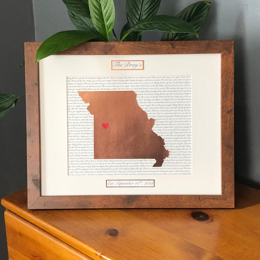 Seventh Year Wedding Anniversary Present, Personalized Copper Anniversary Gift, Year Seven Anniversary, State Outline, Wedding Song Lyrics