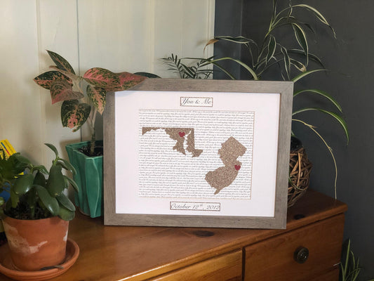 Long Distance Wedding Anniversary Present, Personalized Anniversary Gift, Anniversary, State Outline, Wedding Song Lyrics Framed