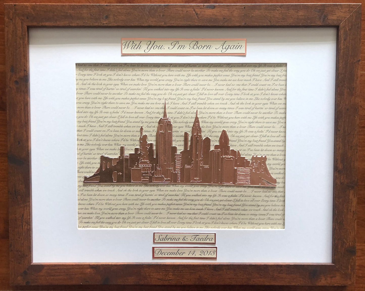 Custom Wedding or Anniversary Present - Personalized Lyrics and New York City Skyline Heart Wall Hanging