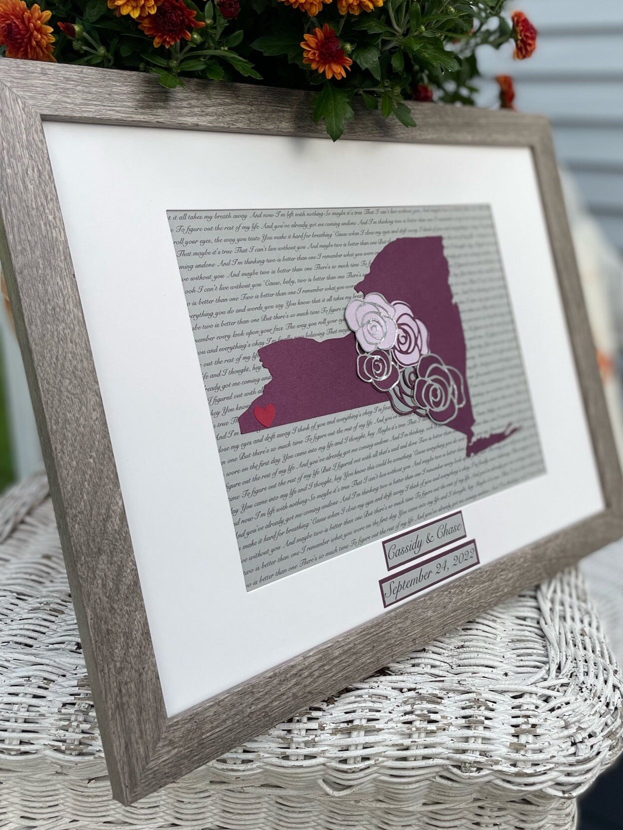Fourth Year Wedding Anniversary Present, Personalized Floral Anniversary, Year Four Anniversary, State Outline, Wedding Song Lyrics Framed