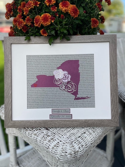 Fourth Year Wedding Anniversary Present, Personalized Floral Anniversary, Year Four Anniversary, State Outline, Wedding Song Lyrics Framed